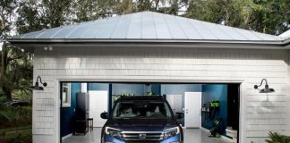 A photograph of a blue Ute parked in an open garage