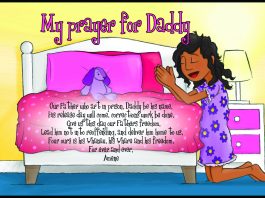 A picture of a book cover with a small girl in a purple dress kneeling by a bed with text overlay-ed over the top entitled my prayer for daddy