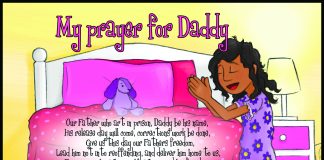 A picture of a book cover with a small girl in a purple dress kneeling by a bed with text overlay-ed over the top entitled my prayer for daddy