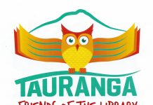Logo of an owl with books for outstretched wings sitting on the caption Tauranga friends of the library