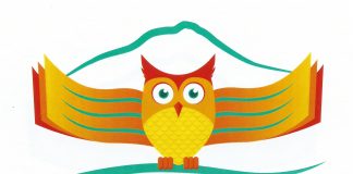 Logo of an owl with books for outstretched wings sitting on the caption Tauranga friends of the library