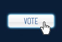 A finger mouse icon about to click on a button labelled vote on a blue background