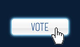 A finger mouse icon about to click on a button labelled vote on a blue background