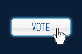A finger mouse icon about to click on a button labelled vote on a blue background