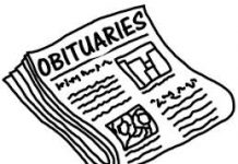 A picture of a folded news paper with the word obituaries in the title