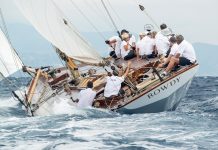 New York 40 classic class racing yacht "Rowdy", captained by Brendan McCarty on the path to victory in Antibe, France during the Panerai Classic series (September 2017).