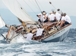 New York 40 classic class racing yacht "Rowdy", captained by Brendan McCarty on the path to victory in Antibe, France during the Panerai Classic series (September 2017).