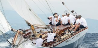 New York 40 classic class racing yacht "Rowdy", captained by Brendan McCarty on the path to victory in Antibe, France during the Panerai Classic series (September 2017).