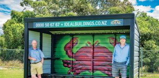 Long time Tauranga resident David Little with local, Antoon Moonen appreciating the brightly adorned side-line shelter at Te Ariki Park, painted by Tautoko Matehaere (a.k.a Sept). Photo: Andy Belcher.