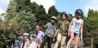 Photograph of Kaimai School pupils with Principal Dane Robertson on their new community skate park.