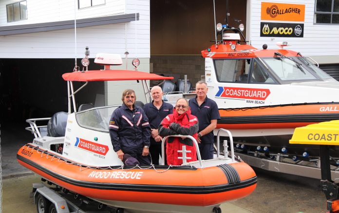 Waihi Beach Volunteer Coastguard members, from left, boat crew Sam Dunlop, Ops Manager Jim Pooley, Tim Watts and radio operator Rex Knight on board the squad’s newest boat AV0CO RESCUE.