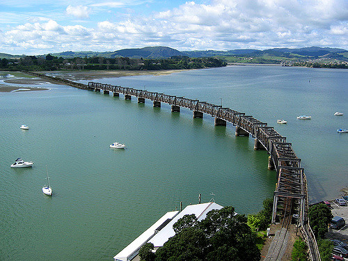 Aerial photograph of a road bridge over an estuary