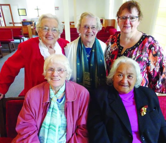 From left, back row, Barbara Webb (87), Isabel Weenink (86), youngster Liz Rumbal (57); front row Avril Clifton (88), Te Purewa Kururangi (83) who are all part of the furniture and whānau of All Saints.