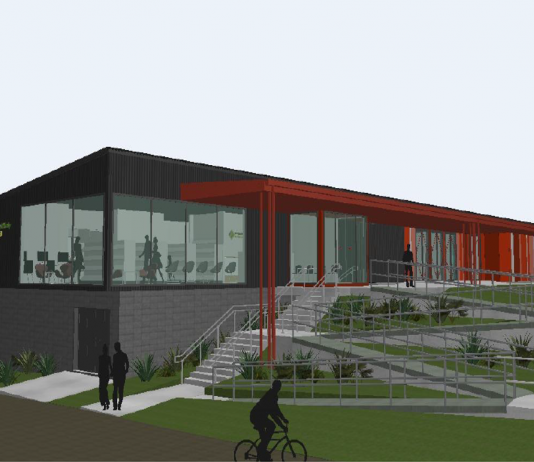Concept plan of the proposed Omokoroa Library and Service Centre (left end of building) attached to the Omokoroa Sport and Recreation Society’s new pavilion.