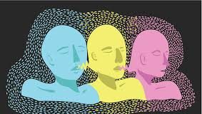 drawing of a blue, yellow and pink head on a black background