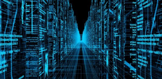 A high tech computer trench with blue writing on the walls