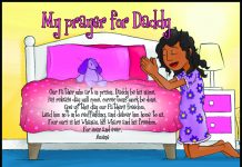 A picture of a book cover with a small girl in a purple dress kneeling by a bed with text overlay-ed over the top entitled my prayer for daddy