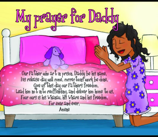A picture of a book cover with a small girl in a purple dress kneeling by a bed with text overlay-ed over the top entitled my prayer for daddy