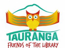 Logo of an owl with books for outstretched wings sitting on the caption Tauranga friends of the library