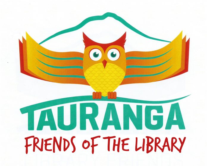 Logo of an owl with books for outstretched wings sitting on the caption Tauranga friends of the library