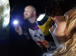An impressively large nocturnal spider grabs the attention of MP Jan Tinetti and Vaughan Kilburn during a night walk in Aongatete Forest. The walk was part of the Breakfast With The Bird fundraiser event held in the forest every year.