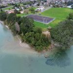 Transpower A-Line above a collapsing cliff face on Te Ariki Park