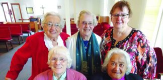 From left, back row, Barbara Webb (87), Isabel Weenink (86), youngster Liz Rumbal (57); front row Avril Clifton (88), Te Purewa Kururangi (83) who are all part of the furniture and whānau of All Saints.