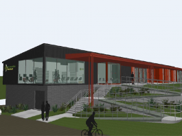 Concept plan of the proposed Omokoroa Library and Service Centre (left end of building) attached to the Omokoroa Sport and Recreation Society’s new pavilion.