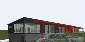 Concept plan of the proposed Omokoroa Library and Service Centre (left end of building) attached to the Omokoroa Sport and Recreation Society’s new pavilion.