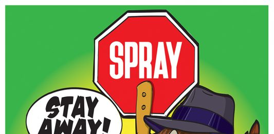 a picture of a kiwi with a red spray sign and a spray can saying stay away