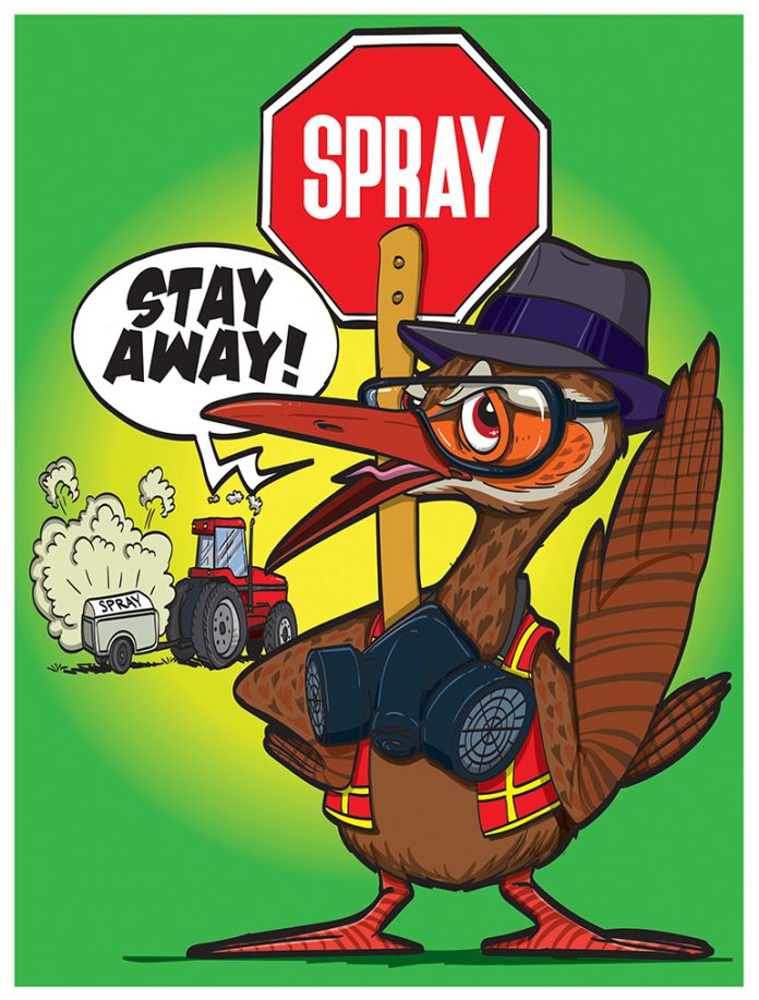 a picture of a kiwi with a red spray sign and a spray can saying stay away