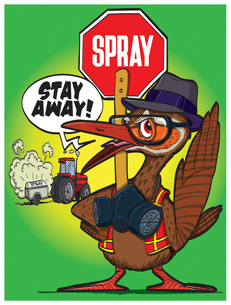 a picture of a kiwi with a red spray sign and a spray can saying stay away