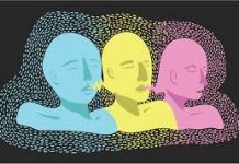 drawing of a blue, yellow and pink head on a black background