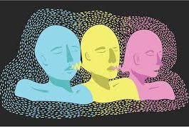 drawing of a blue, yellow and pink head on a black background